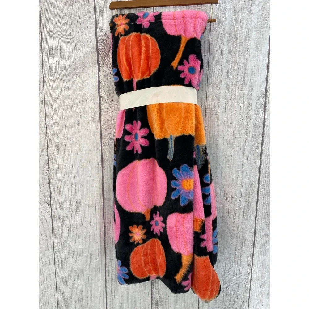 Magaschoni Home Throw Blanket 50x70 Black Pink Orange Pumpkin Floral Faux Fur